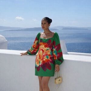 🌺Farm Rio Green Floral Puff Sleeve Mini Dress🌺